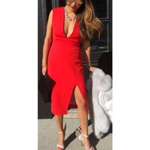 Revolve NICHOLAS Intermix Coral Red deep V Neck Midi Dress with Slit Size 4